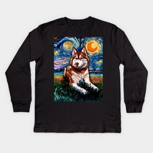 Red and White Husky Night Kids Long Sleeve T-Shirt